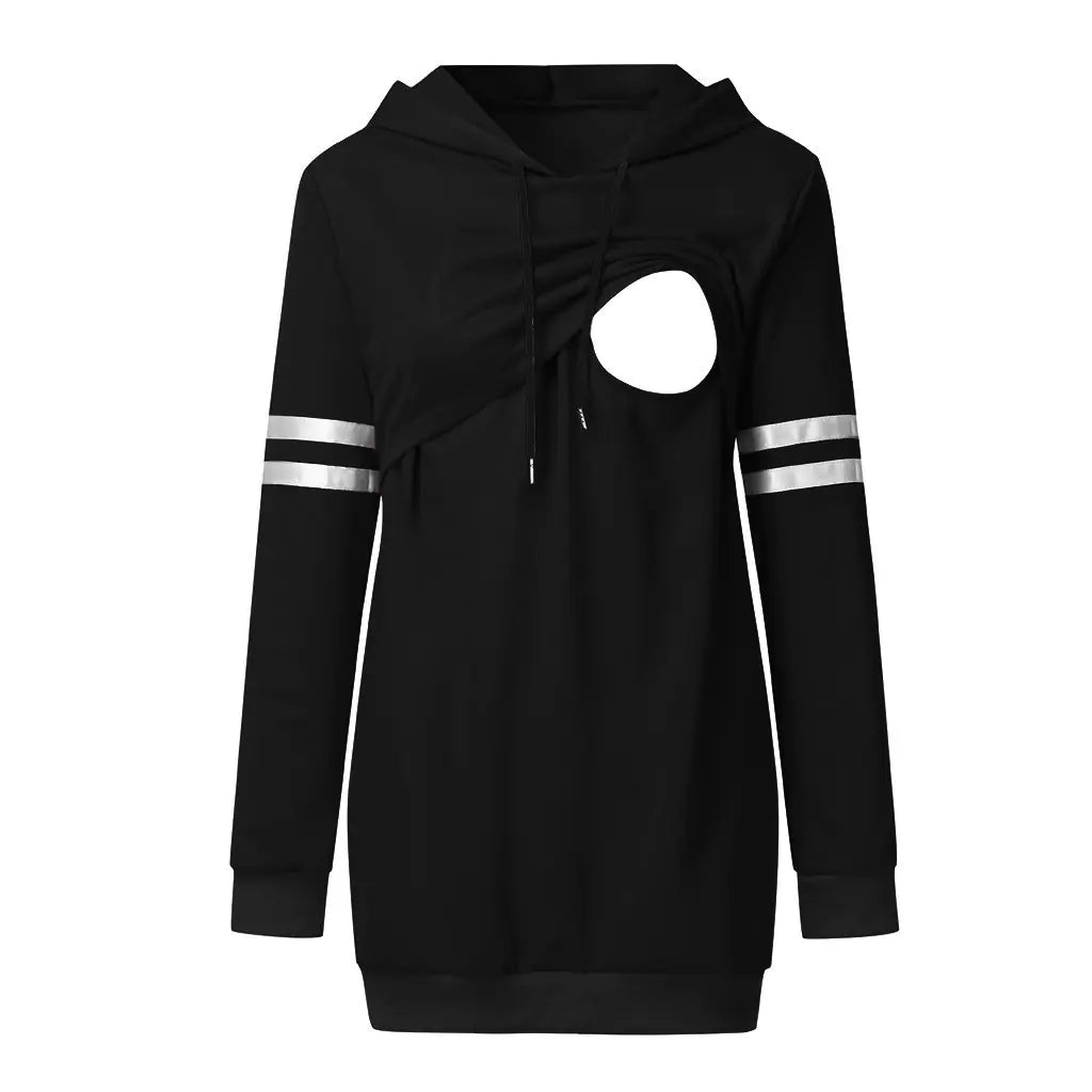 Black long-sleeved hooded nursing jacket with silver stripes and a stylish cut-out design.
