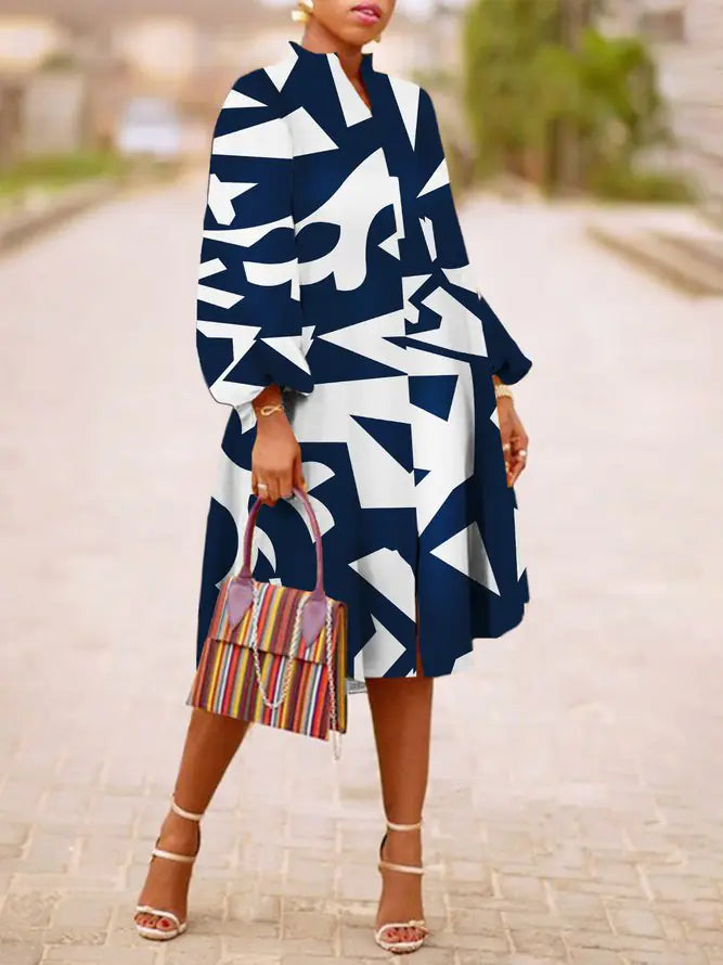 V-neck Long Sleeve Dress with Lantern Sleeves