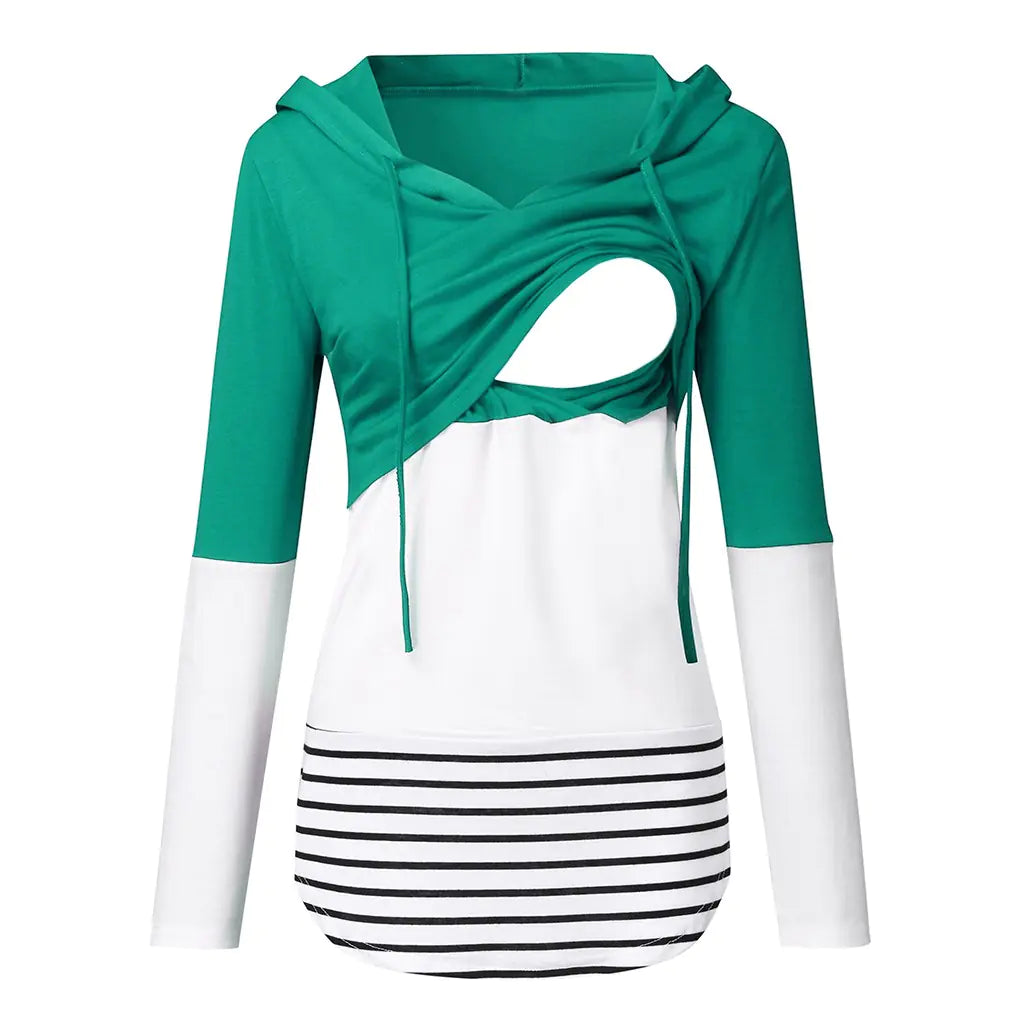 Color-blocking long-sleeved hooded nursing jacket in green and white, featuring breastfeeding access and striped design.