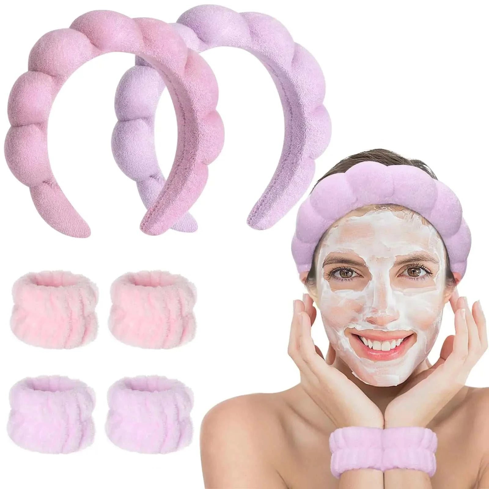 Cenbellr Spa Headband Set for Face Washing - Makeup Headband Wristband and Terry Cloth Bubble Mask for Womens Skincare (pink-purple) Mbshop