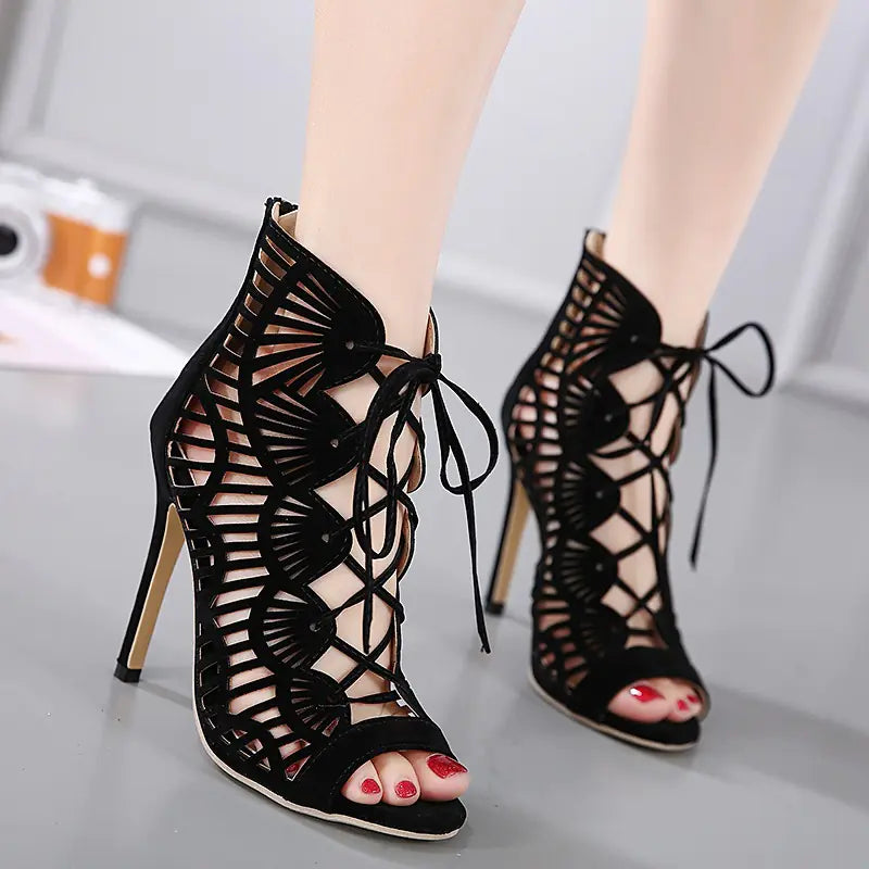 Sexy Hollow Lace-Up High Heels Roman Sandals for Women
