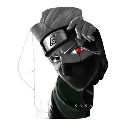Hooded Naruto print sweatshirt featuring Kakashi with Sharingan, stylish anime-inspired design for fans.