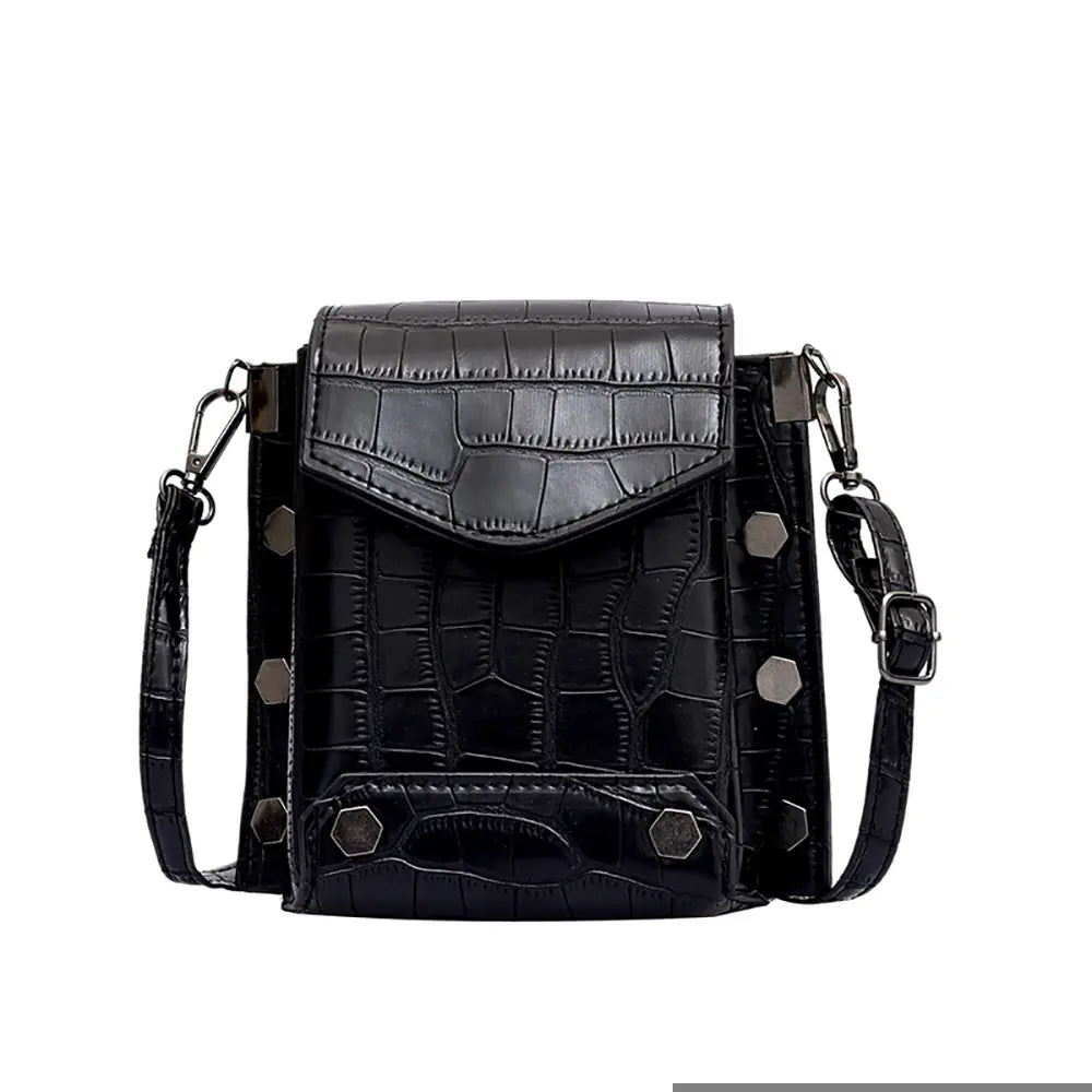 Spring 2019 crocodile pattern crossbody bag for women with magnetic buckle closure in black.