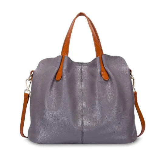 Genuine leather women's tote bag in gray with brown straps, perfect for stylish functionality and everyday use.