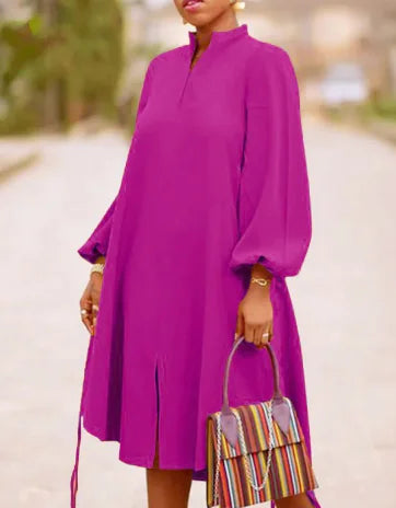 V-neck Long Sleeve Dress with Lantern Sleeves