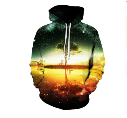 3D printed loose fit hoodie featuring a vibrant cosmic design with a tree and sunset backdrop.