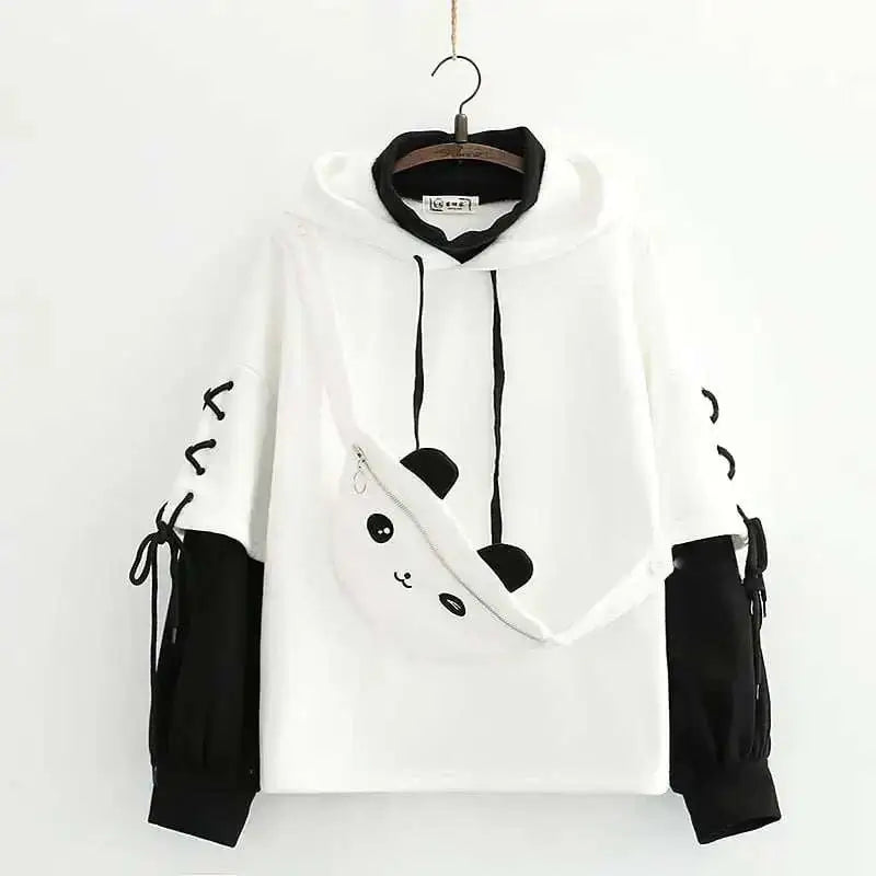 Sweat à capuche en polaire pour femmes avec design de panda, style universitaire, manches longues, couleur blanche.