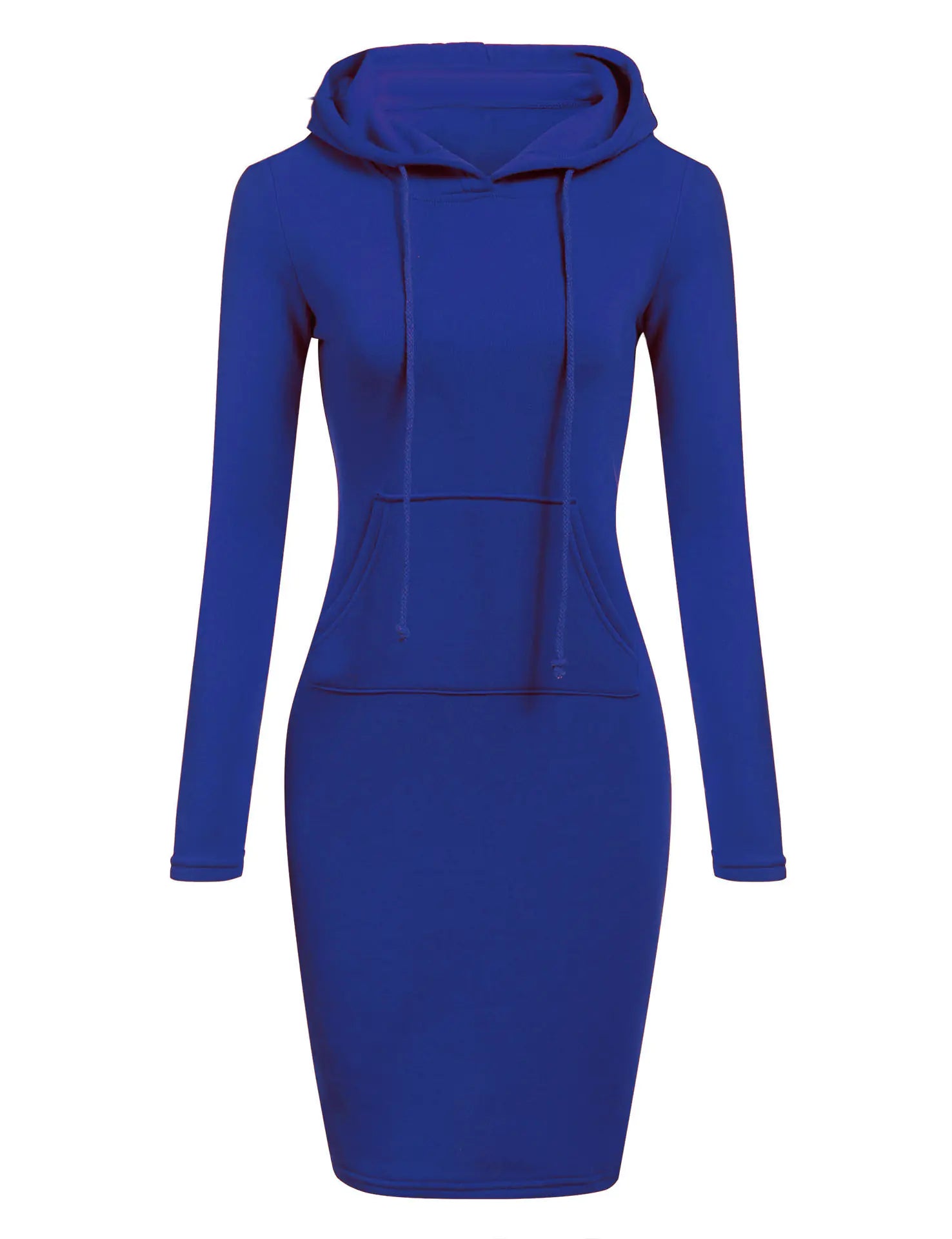 Women's blue hoodie dress with pockets and drawstrings, ideal for autumn and winter comfort and style.