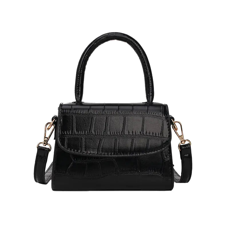 Mini stone pattern handbag in black, stylish crossbody bag with durable PU material and elegant design.