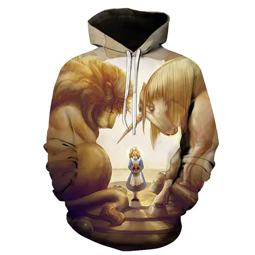 3D printed loose fit hoodie featuring artistic design with a lion, unicorn, and girl, perfect for stylish comfort.