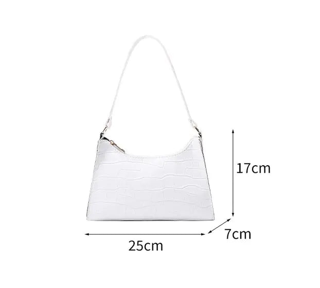 Vintage white women's handbag with crocodile texture, dimensions 25cm x 7cm x 17cm, stylish and chic accessory.