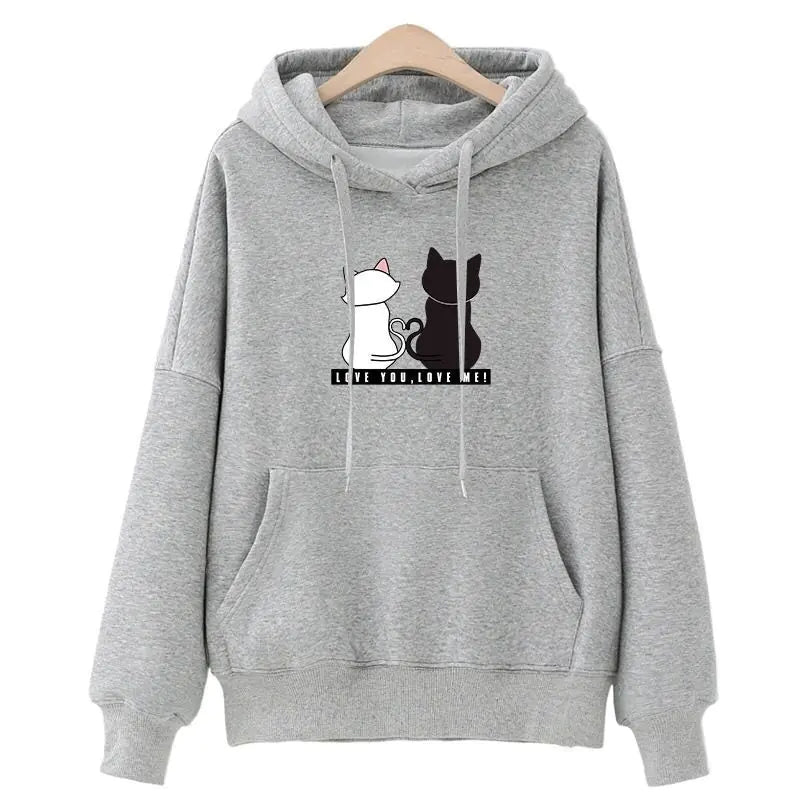 Gray hoodie with cartoon cat design and the text 'Love You, Love Me' for casual style.