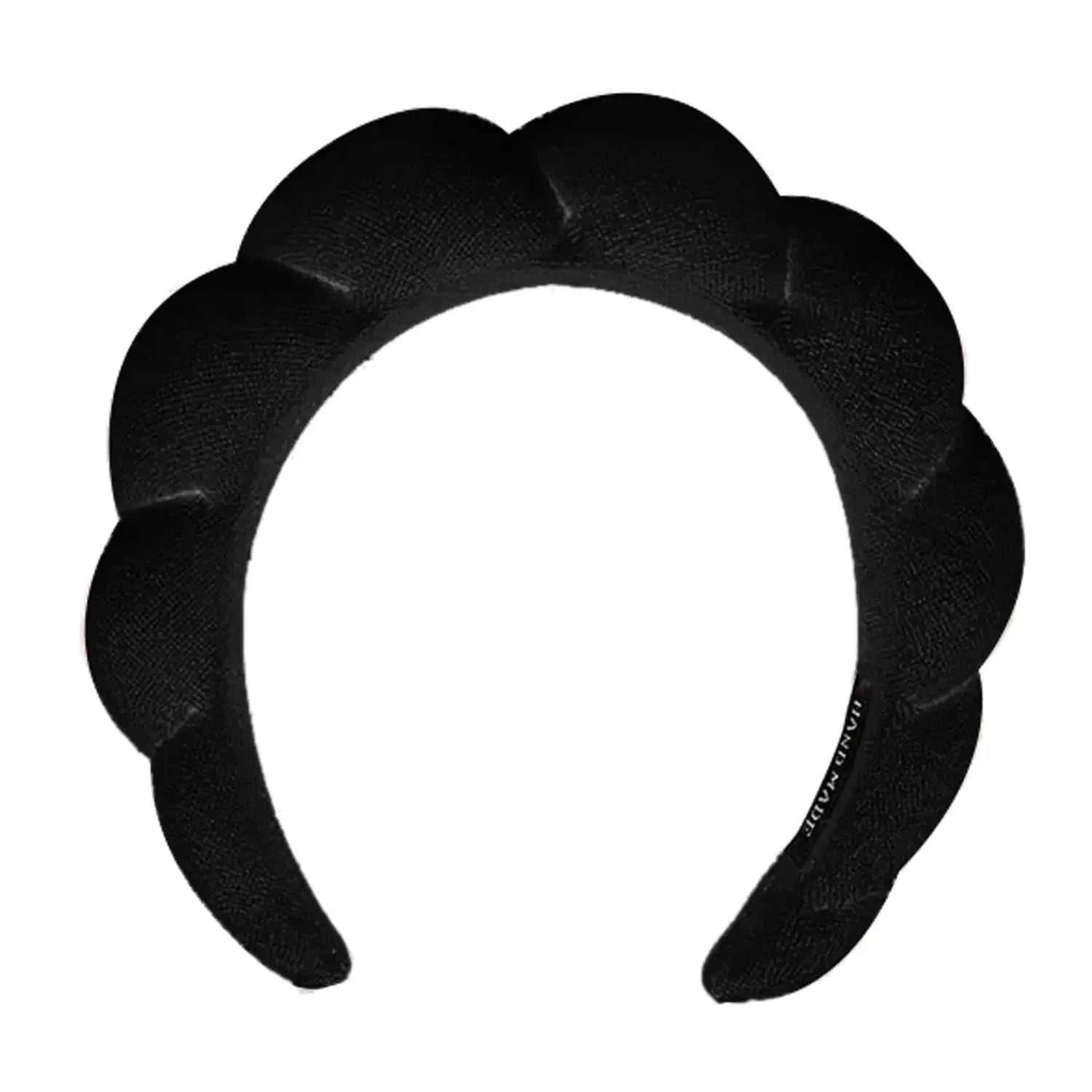 Black spa headband for washing face with sponge and terry fabric, fluffy and soft design.