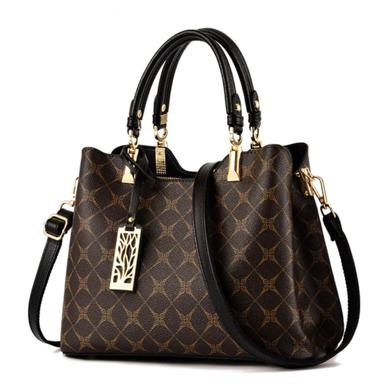 Stylish brown shoulder bag with gold accents, perfect for daily use. Durable PVC material and chic design for modern women.