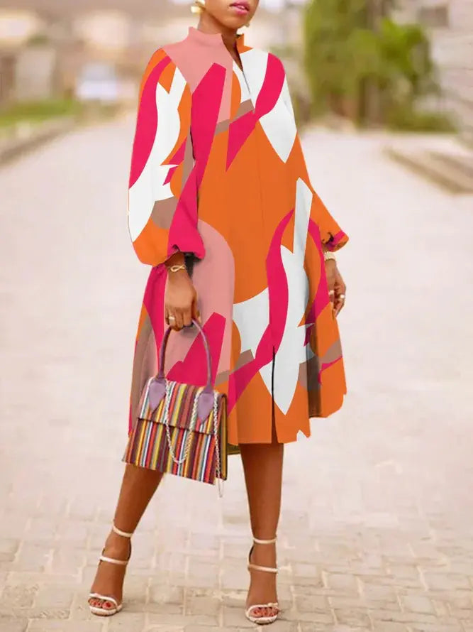V-neck Long Sleeve Dress with Lantern Sleeves