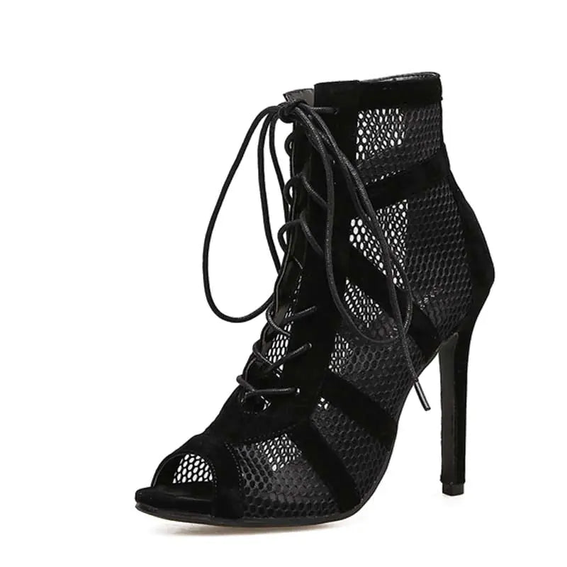 Black Net Cross-Strap Sexy High Heels and Peep-Toe Sandals