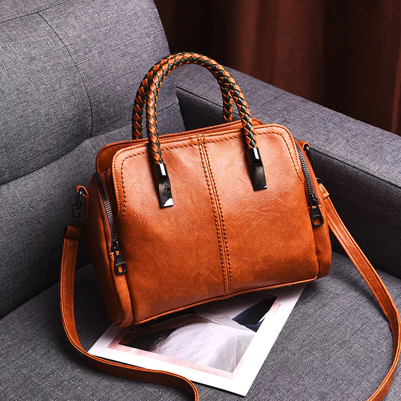 2019 Retro Stylish Boston Bag in brown with braided handles, perfect for casual and office use.