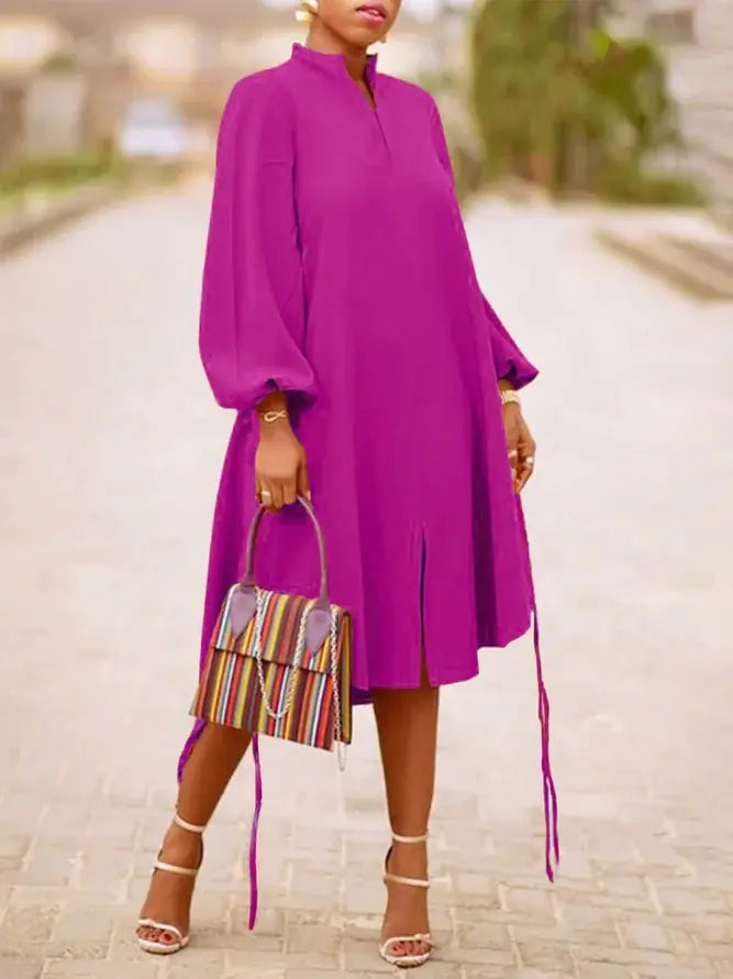 V-neck Long Sleeve Dress with Lantern Sleeves