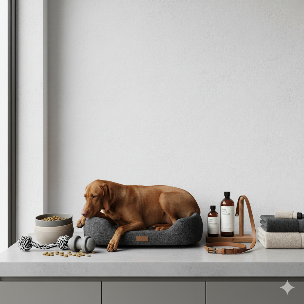 Orthopedic dog bed accessories featuring a dog resting comfortably on a stylish bed alongside grooming products and toys.