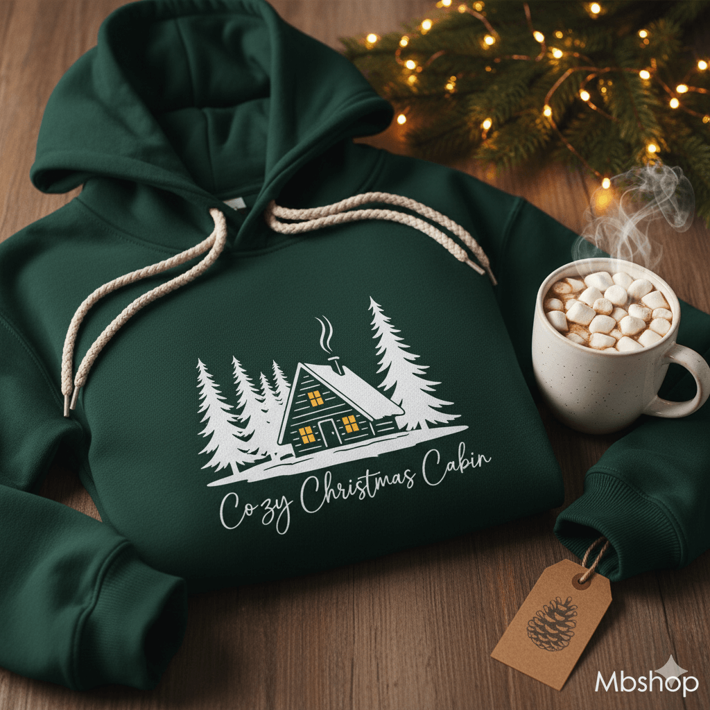Green Christmas Hoodie featuring Cozy Christmas Cabin design with trees and a cup of hot chocolate.