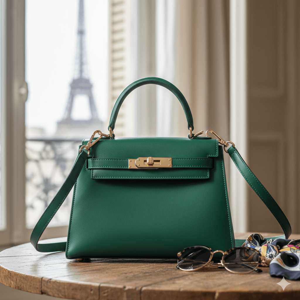 Handbags, featuring the Parisian Chic Emerald Handbag on a table with sunglasses and the Eiffel Tower in the background.