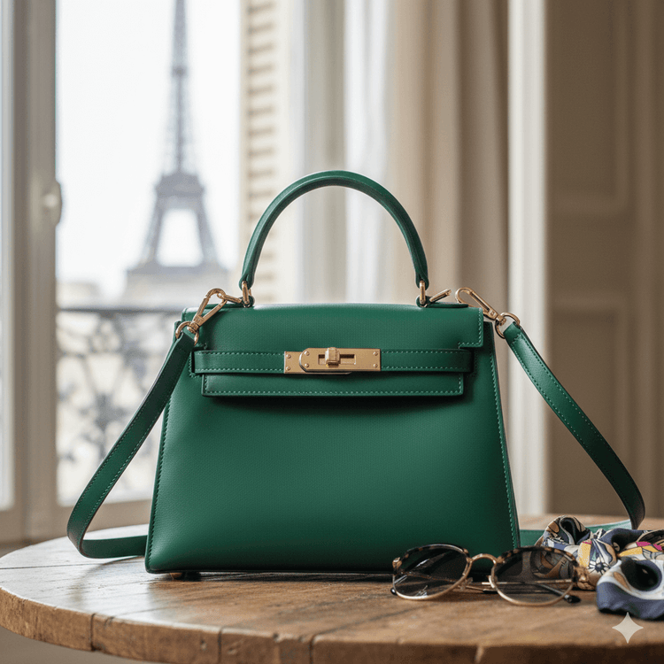 Handbags, featuring the Parisian Chic Emerald Handbag on a table with sunglasses and the Eiffel Tower in the background.