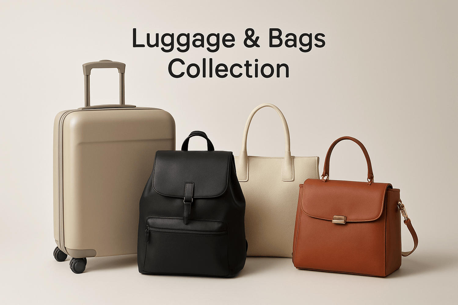 Luggage & Bags collection featuring stylish suitcases and handbags on a neutral background.