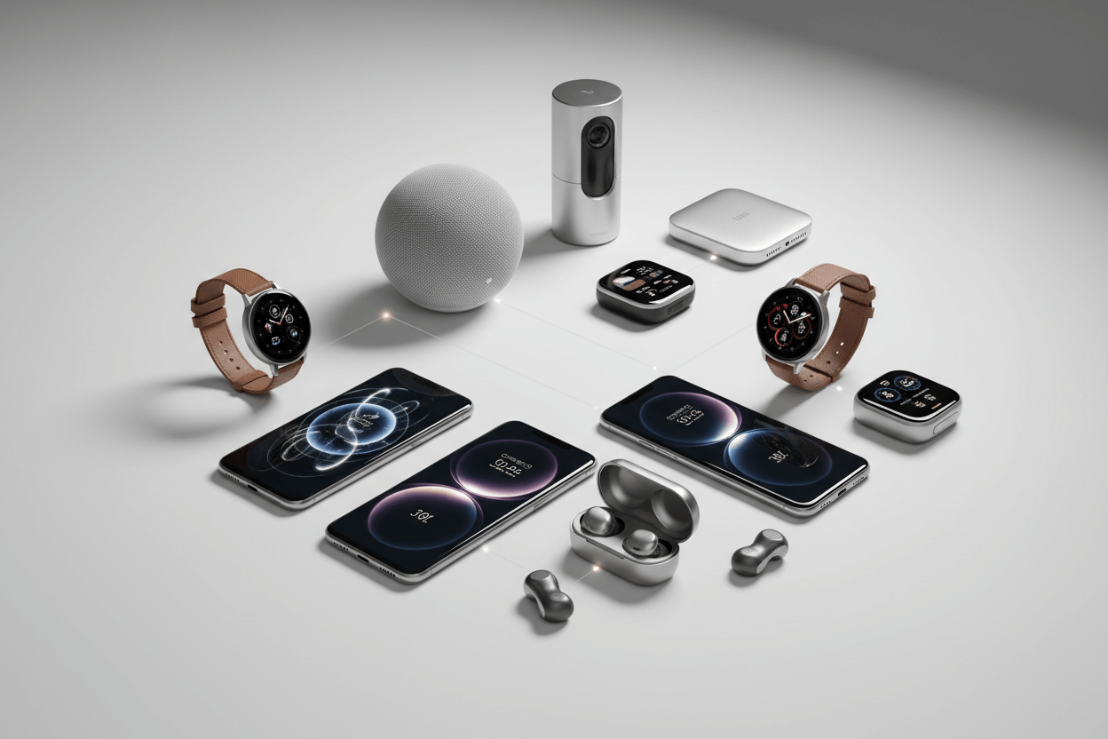 High-tech accessories including smartwatches, phones, wireless earphones, and a smart speaker, showcasing innovation and design.