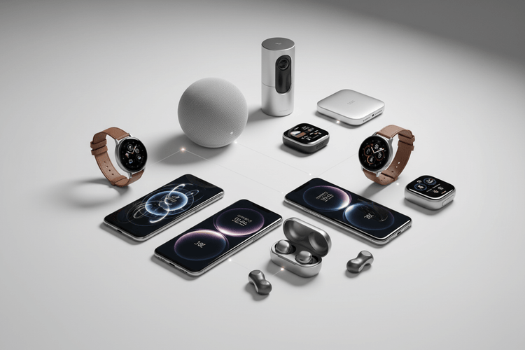High-tech accessories including smartwatches, phones, wireless earphones, and a smart speaker, showcasing innovation and design.