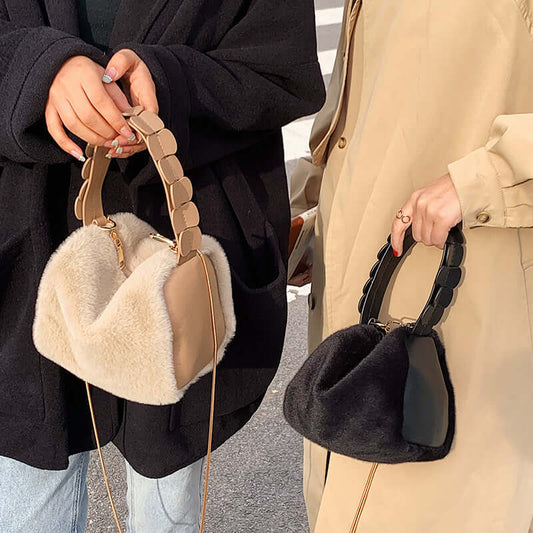 Autumn And Winter Small Furry Crossbody Hand Bag Female Bags showcased in beige and black styles.