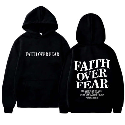 Printed Men's And Women's Hoodies featuring 'Faith Over Fear' design in black color.