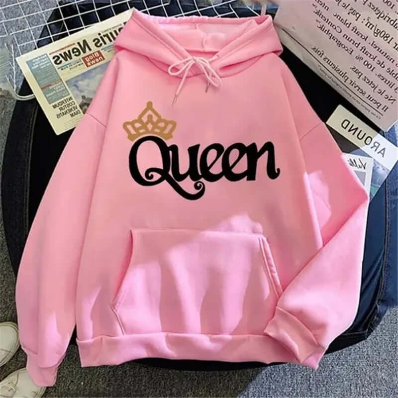 QUEEN Print Hoodies Fleece Hooded Sweatshir in pink with crown design, stylish pullover for leisure.