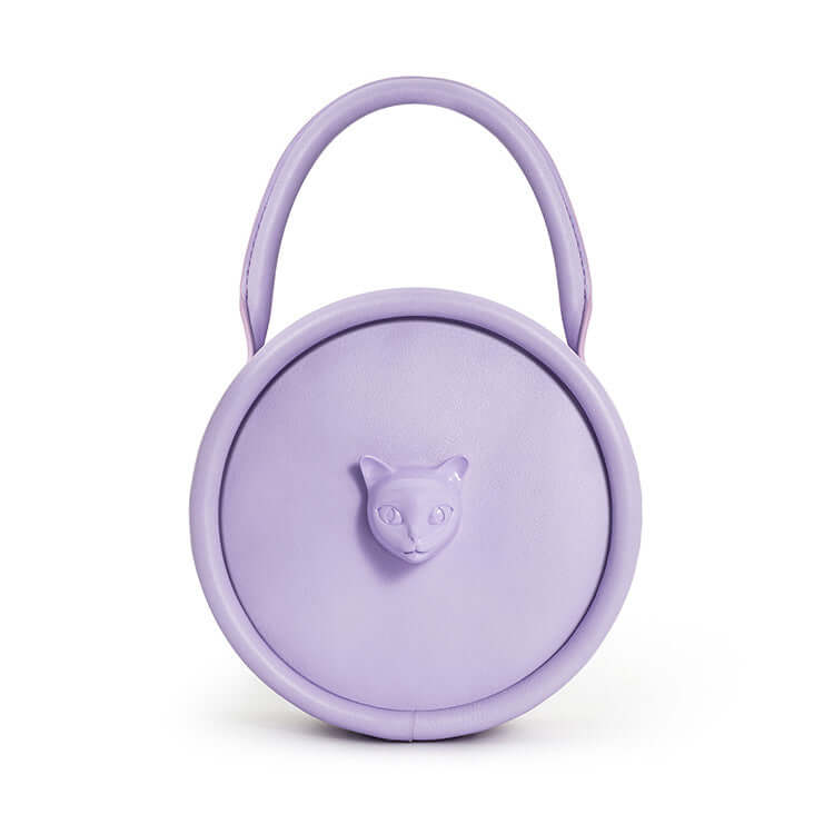 Women’s Cat Head Leather Crossbody Shoulder Bag in lavender color with round shape and cat face design.