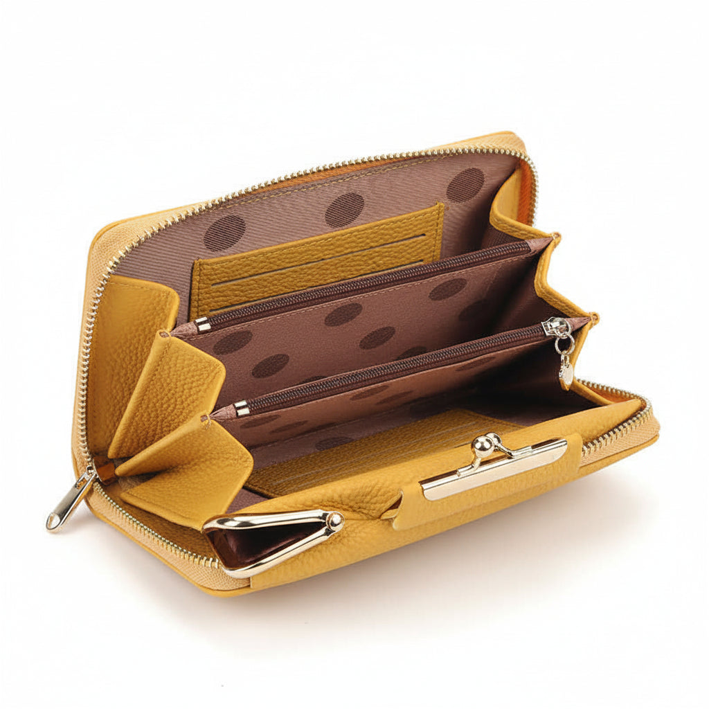 Women's Shoulder Bag with Lock – Mini Square Crossbody Bag Korean Style PU Leather open showing interior pockets and polka dots.