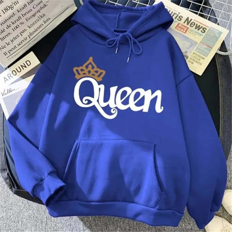 QUEEN Print Hoodies Fleece Hooded Sweatshir in blue with crown design.