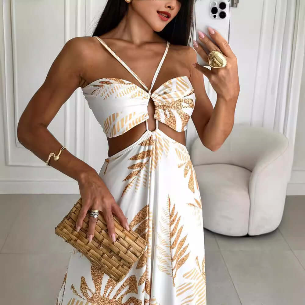 Fashion Printed Dress For Woman featuring a sleeveless design, floral patterns, and gold accents, perfect for summer occasions.