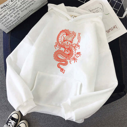 Men’s Harajuku Dragon Print Hoodie With Fleece Lining