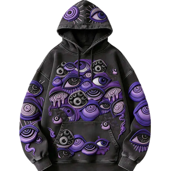 Women's Quirky Personality Pullover Hoodie – Casual Fleece Sweatshirt featuring unique eye graphic design in purple and black.