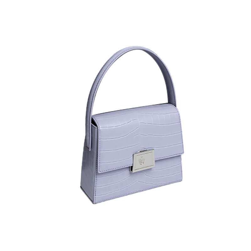 Crocodile-Pattern Leather Handbag – Versatile Carry in lavender with a stylish clasp and elegant design.