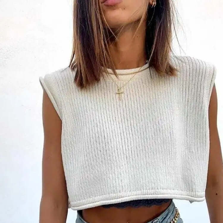 Knitwear top vest woman, beige ribbed knit crop top, casual loose fit, perfect for leisure wear.