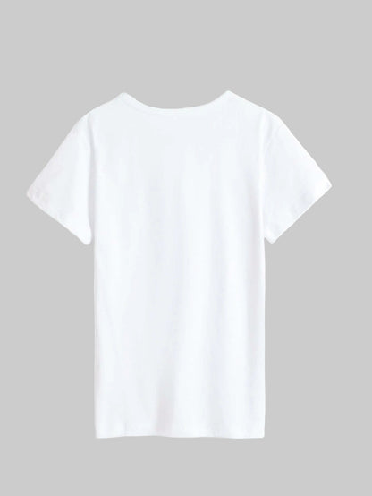 Evil Woman print T-shirt, back view of white short sleeve shirt, perfect for casual wear.