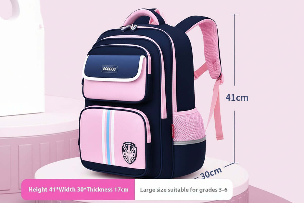 Kids' Spine Protection School Backpack – Lightweight Waterproof Bag + Free Pencil Case in blue and pink design.