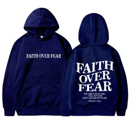 Printed Men's And Women's Hoodies in navy blue with "FAITH OVER FEAR" text design.
