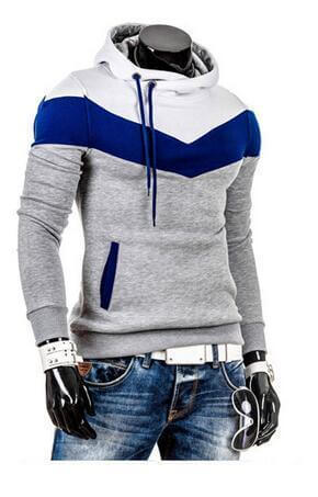 WINTER AUTUMN DESIGNER HOODIES in grey and navy patchwork design on a mannequin.