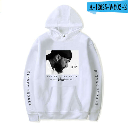 Man Hoodies & Sweatshirts A featuring artistic design in white with RIP and Nipsey Hussle graphic.
