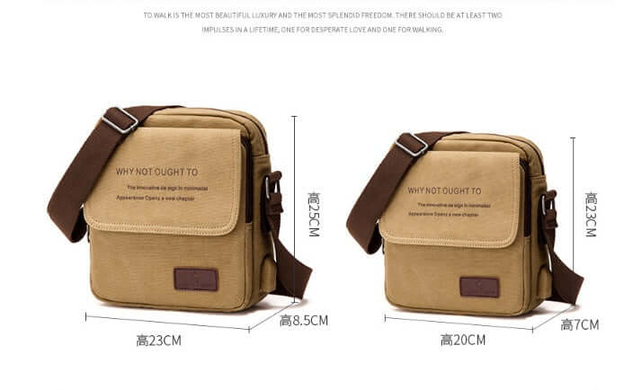 Shoulder Bags in khaki color, showcasing dimensions: small 20*7*23CM, large 23*8.5*25CM.