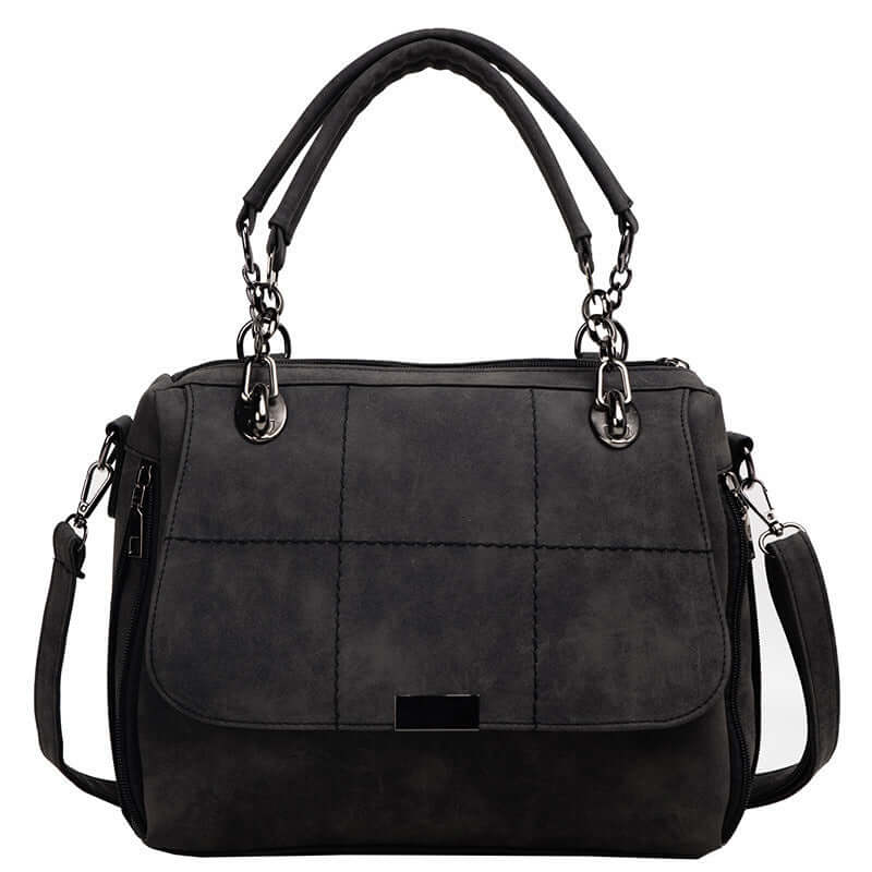 Large capacity matcha green shoulder bag in stylish black PU leather with chain detailing and dual handles.
