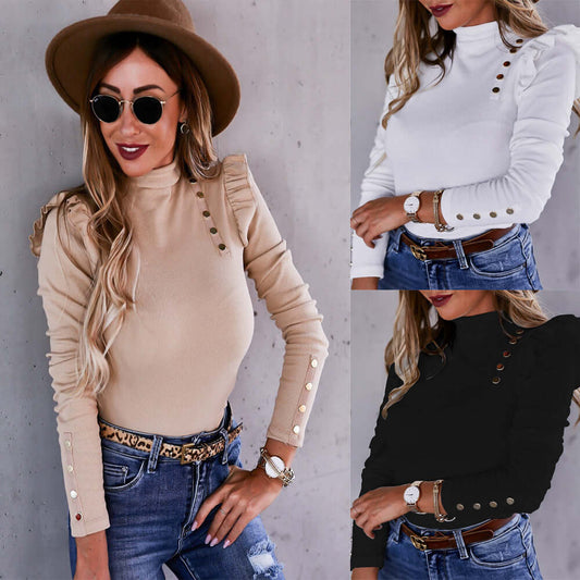Flounces Nailed Bottom Blouse Woman featuring a collection of colors: beige, white, and black with ruffles and button details.