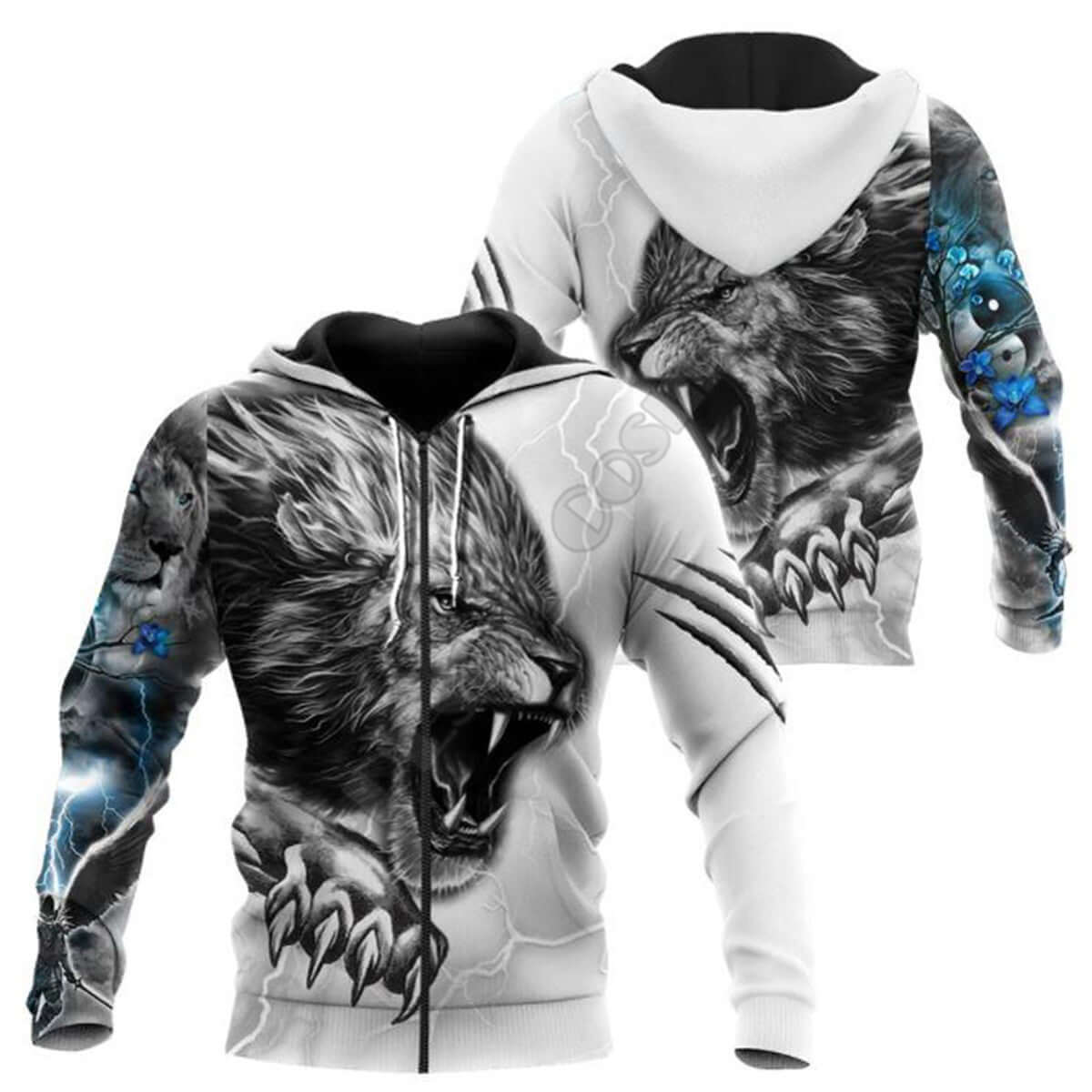 ELON - Stylische Hoodies - ANIMAL Edition featuring a roaring lion design with lightning and blue accents.