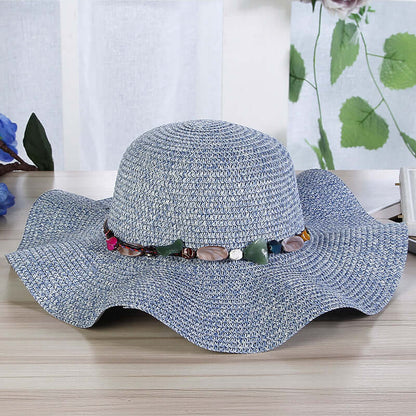 Hand-Woven Read Strange Stone Decorative Straw Hat Woman with colorful gemstones, perfect for sunny beach days.